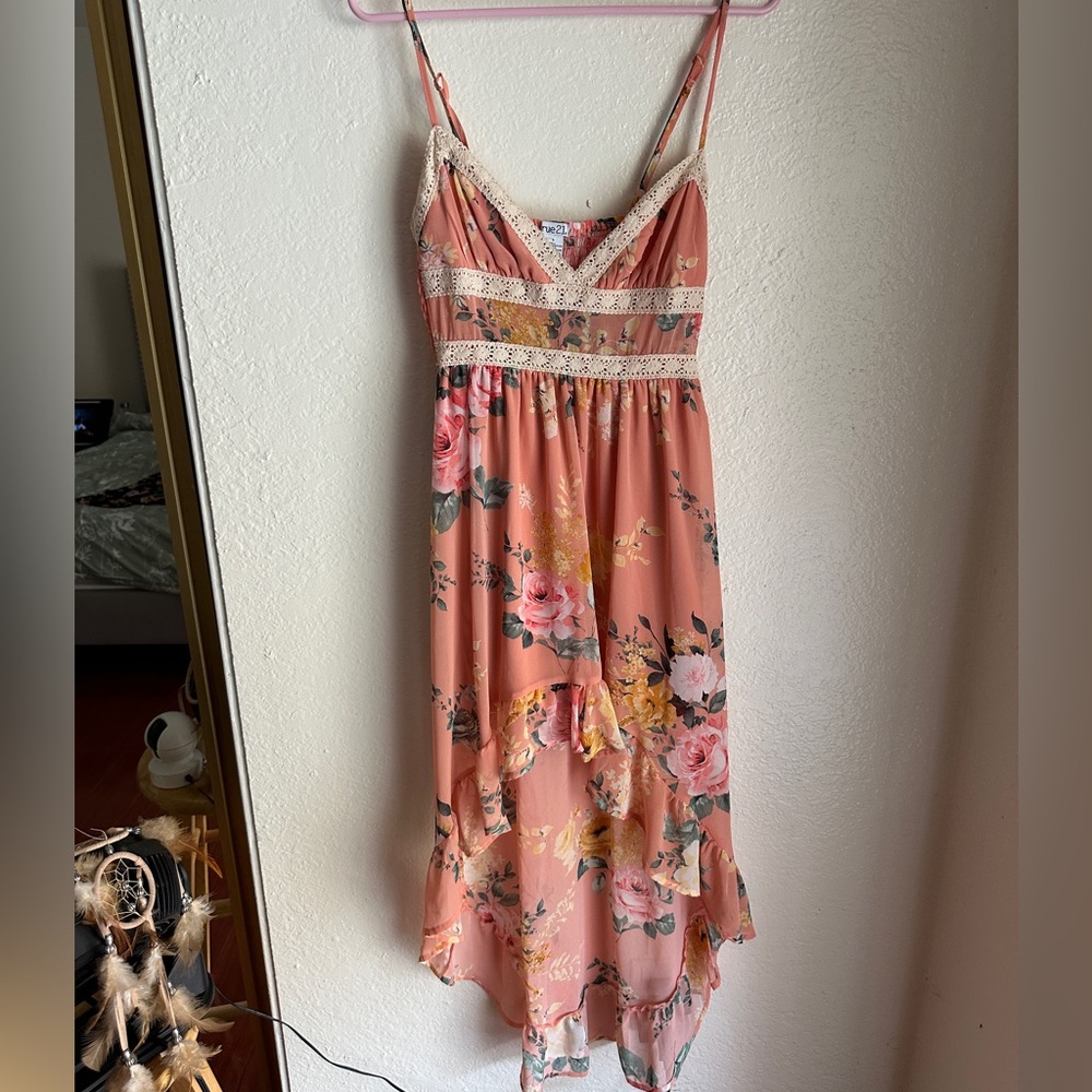 Rue21 Sundress Coral Asymmetrical Cute Floral Fun Small - Picture 2 of 8